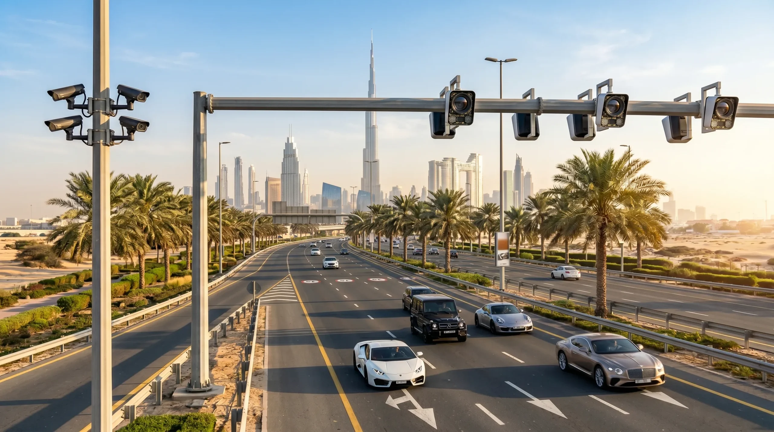 Dubai chauffeur service operating safely under AI traffic camera monitoring on Dubai highway
